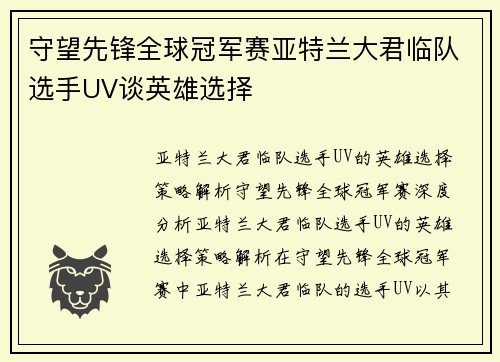 守望先锋全球冠军赛亚特兰大君临队选手UV谈英雄选择